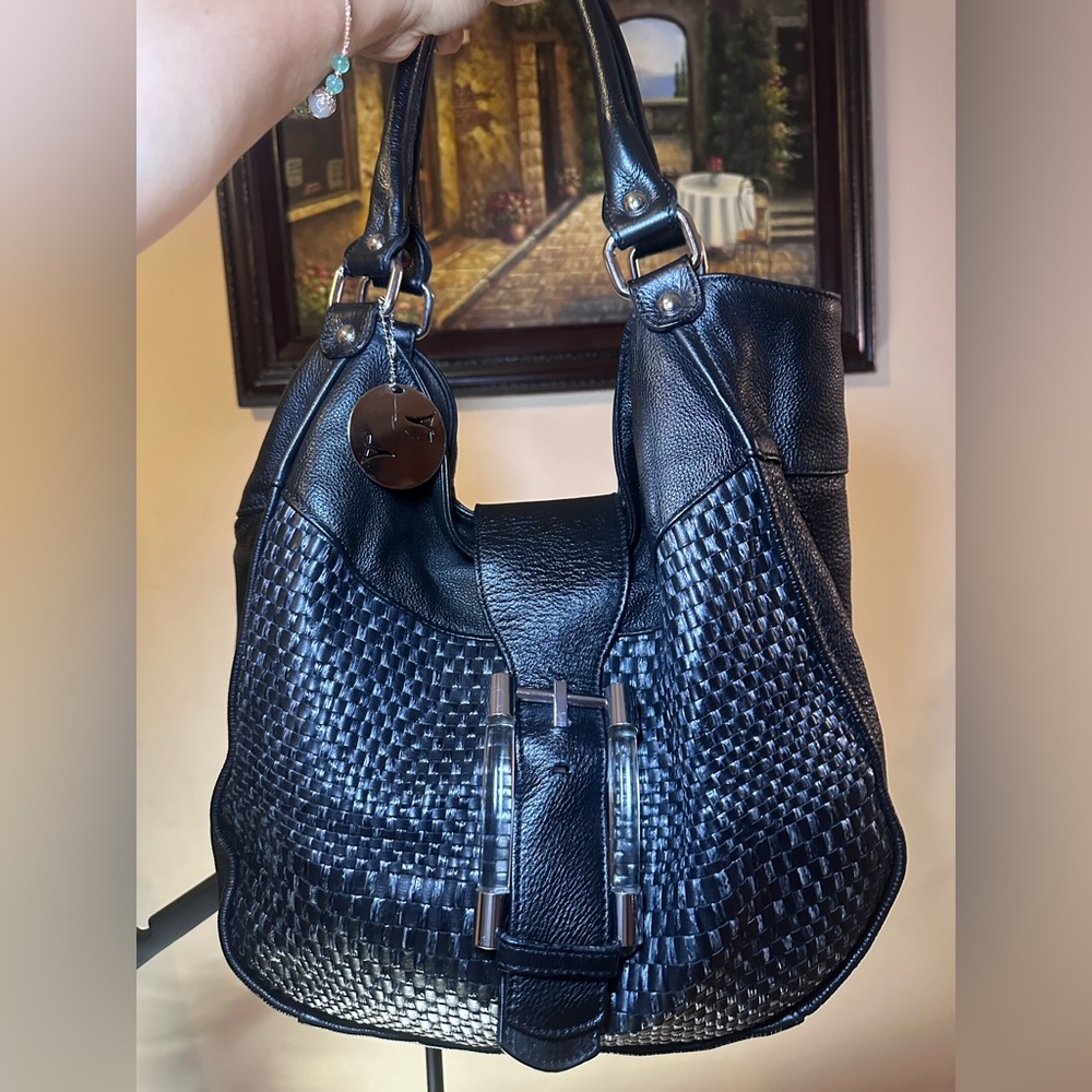 Chic Black Woven Leather Hobo Bag
